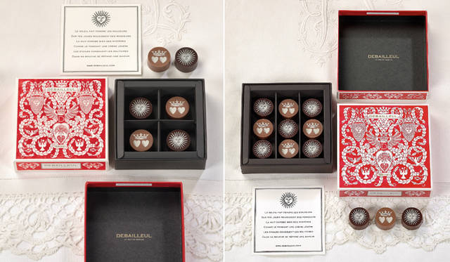 <strong>DEBAILLEUL｜ドゥバイヨル</strong>　左｜Gastines／ガスティーヌ（バレンタイン限定商品）　バレンタイン限定ショコラ　4粒　1680円　　右｜Gastines／ガスティーヌ（バレンタイン限定商品）　バレンタイン限定ショコラ　9粒　3360円　深みのある香りと苦みのビターガナッシュ、パッションフルーツの酸味と甘みが上品なミルクガナッシュの2種類で構成、華やかな香りと味わいが口いっぱいに広がる