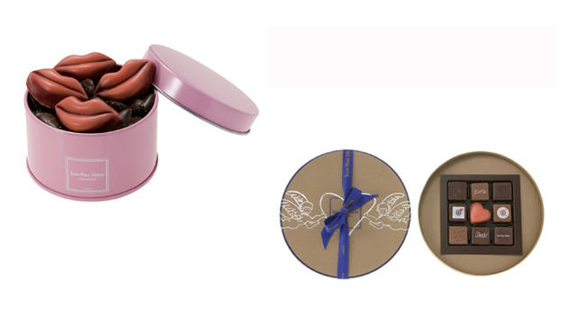 <strong>JEAN＝PAUL HĒVIN｜ジャン＝ポール・エヴァン</strong>　左｜ボワットゥ　リップス　ローズ　3990円　ピンクの缶にビターチョコレートのしずく形ショコラと、リップのショコラの詰め合わせ　　右｜ボワットゥ　アンジ　ショコラ　9個入り　4200円　天使とハートのデザインをあしらったボックスにヴァレンタイン限定ショコラが入った詰め合わせ