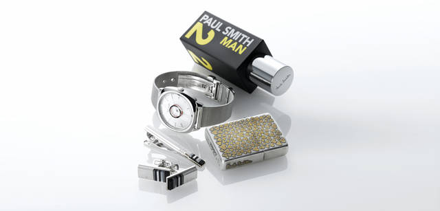 <strong>Paul Smith｜ポール・スミス</strong> 　オードトワレ「ポール・スミス マン 2」7980円、 ライター1万2600円、 タイバー1万4700円、 カフリンクス1万6800円、〈いずれもポール・スミス〉、 リストウォッチ「EYES ONE」2万9400円 〈ポール・スミス ウォッチ〉 