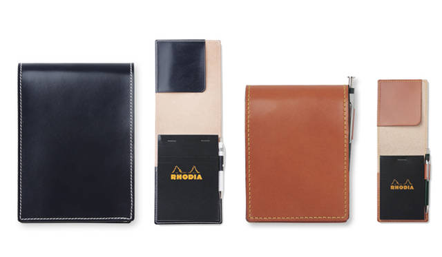 　日常使うアイテムもスタイリッシュに！　人気のロディアのメモ帳が収まるタイプ。　ノートパッド Mサイズ（(RODIA NO.13&木軸ボールペン付き) 1万2600円、Sサイズ(RODIA NO.11&木軸ボールペン付き)　9975円