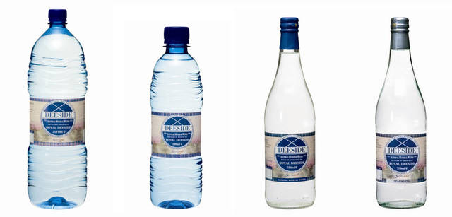 <strong>Chapter04</strong>｜Keyword：Beauty＆Health　ディーサイド ウォーター　左から、スティル：ペットボトル（2L、500ml）グラスボトル（750mL）　スパークリング：グラスボトル（750ml）