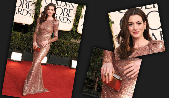 <strong>Anne Hathaway｜アン・ハサウェイ</strong> アン・ハサウェイが選んだのは、流れるようなラインがセンシュアルなアルマーニ・プリヴェの総スパンコールのドレス。アクセサリーにはまるでカットされた宝石のようなフォルムの、ロジェ・ヴィヴィエのクラッチバッグをセレクト。会場中の目を奪った。