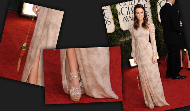 <strong>Leighton Meester｜レイトン・ミースター</strong> 大人気のTVシリーズ『ゴシップ・ガール』でもおなじみ、レイトン・ミースターが選んだのは、バーバリーのドレス。どこか中世の貴族を思わせるヴィクトリアンふうのロングドレスで、レッドカーペットの上を明るく彩った。足もとはきらめくシューズで華やかに。©BURBERRY