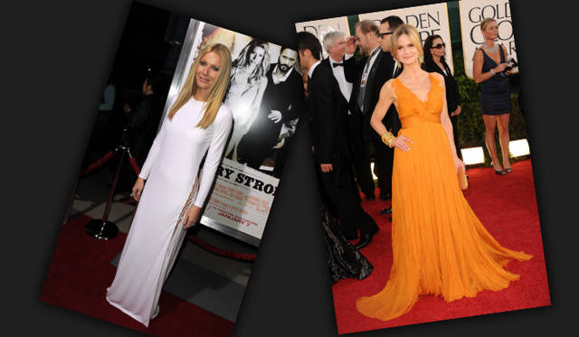<strong>Gwyneth Paltrow｜グウィネス・パルトロウ、Kyra Sedgwick｜キーラ・セジウィック</strong> 左／グウィネス・パルトロウは、サイドにスリットが深く入ったエミリオ・プッチのドレスを着こなして。クリーンな白が目を引く。右／キーラ・セジウィックは、おなじくエミリオ・プッチのオレンジが鮮やかなドレスを纏った。