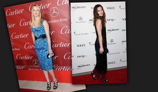 <strong>Jennifer Lawrence｜ジェニファー・ローレンス、Leighton Meester｜レイトン・ミースター</strong> 左／胸もとのぐっと開いたドレスを着こなしたジェニファー・ローレンス。ロジェ・ヴィヴィエのクラッチバッグとサンダルできめて。右／レイトン・ミースターは、1920年代ふうのブラックドレスに、ロジェ・ヴィヴィエのサンダルを合わせた。