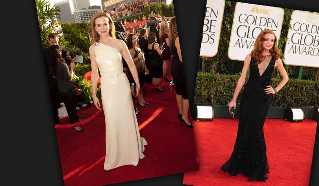 <strong>Nicole Kidman｜ニコール・キッドマン、Jayma Mays｜ジェイマ・メイズ</strong> 左／ニコール・キッドマンは、真っ白なワンショルダードレスにロジェ・ヴィヴィエのクラッチバッグをもって、貫禄の登場。右／胸もとがぐっと開いたデザインがセクシーな、アルベルタ フェレッティのドレスを着たのは女優のジェイマ・メイズ。