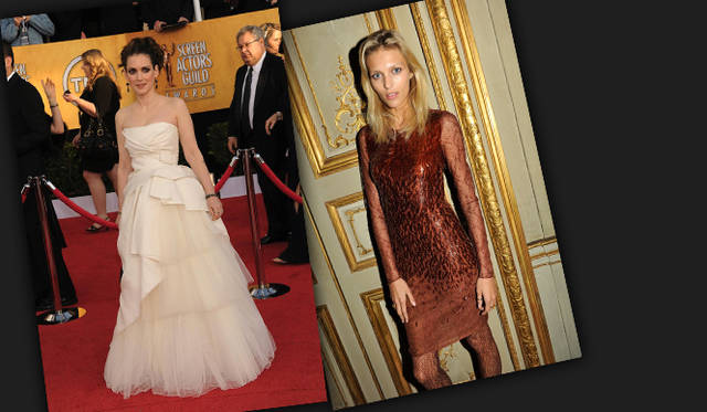 <strong>Winona Ryder｜ウィノナ・ライダー、Anja Rubik｜アンニャ・ルービック</strong> 左／1/27におこなわれた 「第17回映画俳優組合賞(SAG Awards)」のレッドカーペットにて、女優のウィノナ・ライダーがアルベルタ フェレッティのドレスを着用。幾重にも重なったチュールのボリュームがロマンティックなホワイトドレス。右／1月25日におこなわれた仏ヴォーグの編集長Carine Roitfeld氏主催のプライベートディナーにて、モデルのアンニャ・ルービック。Courtesy of Stéphane Feugère