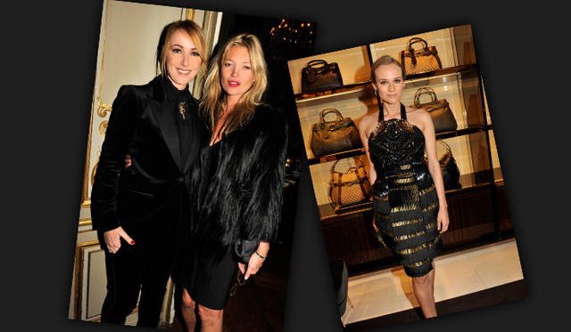 <strong>Frida Giannini｜フリーダ・ジャンニーニ、Kate Moss｜ケイト・モス、Diane Kruger｜ダイアン・クルーガー</strong> Carine Roitfeld氏主催のプライベートディナーにて。グッチ クリエイティブディレクターのフリーダ・ジャンニーニとケイト・モス。女優ダイアン・クルーガーも、グッチの2011年春夏コレクションのドレスを纏って。Courtesy of Stéphane Feugère