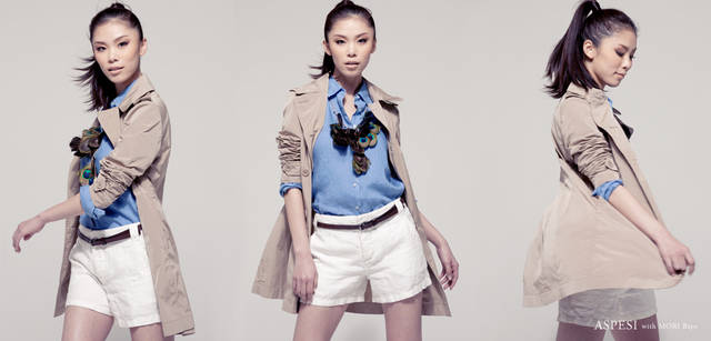 <strong>ASPESI｜アスペジ</strong> 「トレンチコートは、カッコイイ女性像を演出してくれる永遠の定番アイテム。アスペジのトレンチコートは、肩を小さめにつくってあったり程良く細身で、マスキュリンすぎずエレガンスも感じさせてくれます」（森 理世）<br />トレンチコート 5万4600円、ブルーのリネンシャツ 2万2050円、リネンショートパンツ 2万4150円、ベルト 1万1550円（すべてアスペジ／アスペジ・ジャパン）　その他スタイリスト私物