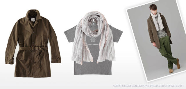 <strong>ASPESI｜アスペジ　Collezione Primavera/Estate 2011</strong> ナイロン素材でつくられたカーキのショートコート。「BELLA FIGURA」と名付けられたように、美しいシルエットでスタイル良く見せてくれる。ショートコート「BELLA FIGURA III」 6万1950円、シンプルなグレーのTシャツは上質な素材づかいがアイテム選びのポイント。Tシャツ 1万500円、白×グレ—のストライプに、ピンクの差し色が絶妙。ストール（グレー）1万8900円（すべてアスペジ／アスペジ・ジャパン）