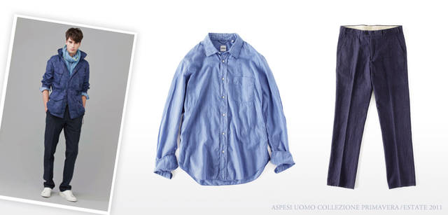 <strong>ASPESI｜アスペジ　Collezione Primavera/Estate 2011</strong> ガーメントダイ（製品染め）で、かなり軽くしなやかな手触りのシャツは、夏場にも活躍しそう。シャツ「ANDREA II」 1万5750円、トラッドなテイストたっぷりのグレンチェックのパンツはヘンプとコットンの組み合わせ。上級者ふうに着こなしたい。パンツ 3万9900円（ともにアスペジ／アスペジ・ジャパン）