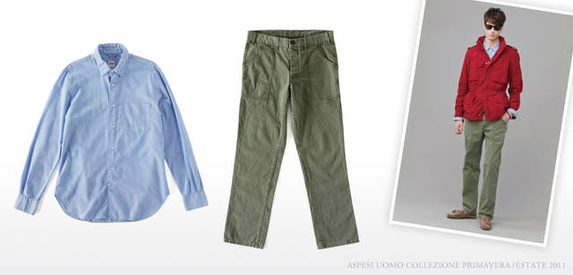 <strong>ASPESI｜アスペジ　Collezione Primavera/Estate 2011</strong> ダンガリーシャツをさらに加工したような雰囲気のあるシャツ。薄いブルーが爽やか。シャツ「RIDOTTA II」 1万2600円、縦糸の色落ちがこなれた雰囲気を演出してくれる。バックはフラップポケットの仕様。カーキパンツ「FATICA」 3万2550円（ともにアスペジ／アスペジ・ジャパン）