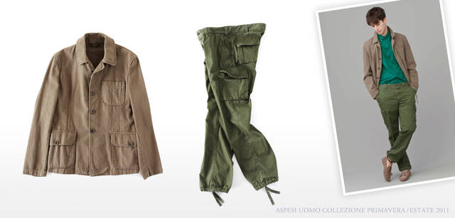 <strong>ASPESI｜アスペジ　Collezione Primavera/Estate 2011</strong> 少し厚手のコットンジャケットは、コートを脱いだら真っ先に着こなしたいアイテム。何にでも合わせやすいカーキベージュをセレクト。ジャケット「BUSH SUMMER」 4万3050円、アスペジの特徴である製品染め加工により、独特の味ある色落ち感が楽しめる。本格的なミリタリー仕様も、軽量素材でこれからの季節にぴったりだ。カーゴパンツ「TIR」 2万7300円（ともにアスペジ／アスペジ・ジャパン）