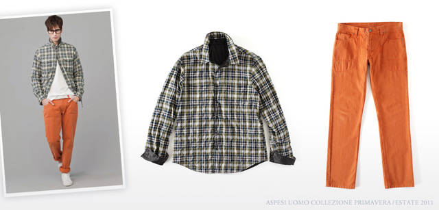 <strong>ASPESI｜アスペジ　Collezione Primavera/Estate 2011</strong> グリ―ン×イエローのシャツはシワ加工がこなれた雰囲気。なんと裏地がナイロンで、リバーシブルで着られるようになっている。シャツ「FOETE REV」 4万950円、カラーデニムはこのくらい鮮やかなオレンジが今季は気になる。バックポケットが2重につけられているという凝ったデザイン。デニムパンツ「UTILE」 2万6250円（ともにアスペジ／アスペジ・ジャパン）