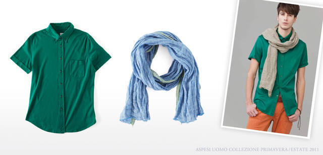 <strong>ASPESI｜アスペジ　Collezione Primavera/Estate 2011</strong> さらっと着こなしたい鮮烈なジュエルカラー。目をひくグリーンをセレクト。ボタンダウンシャツ 2万5200円、ボリューム感のあるストールは色ちがいでもっておくと便利。ブルー×グリーンの、絶妙な色の配色もポイント。ストール 各1万8900円（ともにアスペジ／アスペジ・ジャパン）