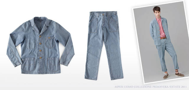 <strong>ASPESI｜アスペジ　Collezione Primavera/Estate 2011</strong> ブルーの生地に千鳥格子が細かに配されて、爽やかな印象。モッズのようにセットアップで着こなしたい。詰まった首もと、袖がダブルステッチになったワークディテールもポイント。ジャケット「FABBRICA」　5万2500円、少しだけ細く絞ったシルエットがモダン。パンツ「FATICA」 3万2550円（ともにアスペジ／アスペジ・ジャパン）