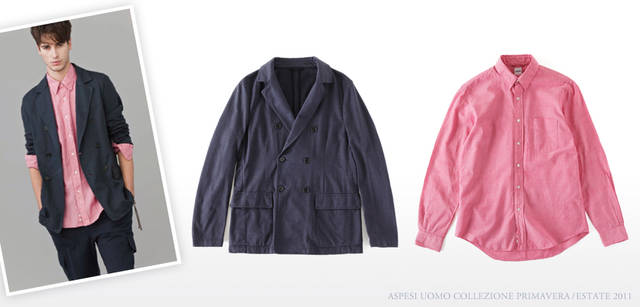 <strong>ASPESI｜アスペジ　Collezione Primavera/Estate 2011</strong> 長め丈のジャケットは、コート感覚で着こなせる１着。着心地の良いジャージー素材。ジャケット 5万400円、赤が色落ちしてピンクになったようないいウォッシュ感。何枚もっていても重宝しそうだ。かたちがシンプルな分、色で遊ぶのが楽しい。シャツ「RIDOTTA II」 1万2600円（ともにアスペジ／アスペジ・ジャパン）
