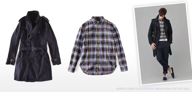 <strong>ASPESI｜アスペジ　Collezione Primavera/Estate 2011</strong> ハリのある軽量のポリエステル×ナイロン素材に、ガーメントダイ（製品染め）でエッジに味が出ている。細身のトレンチコートでシャープなスタイリングに。ウエストベルトとおなじバックルをあしらった袖のベルトづかいも粋。ネイビートレンチコート「TATI」 9万300円、ブルー×イエロー×レッドの色づかいがトラッドなシャツ。無造作に羽織ってもよさそう。チェックシャツ「RIDOTTA II」 1万2600円（ともにアスペジ／アスペジ・ジャパン）