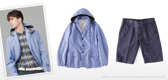 <strong>ASPESI｜アスペジ　Collezione Primavera/Estate 2011</strong> 表地はコットンと麻、裏地はナイロンで作られた、機能性にも優れたブルゾン。シャンブレーの涼しげな色もいい。フードは取り外し可能。ジャケット「GRUNF」 6万9300円、縦の色落ちがこなれたショーツは、夏に向けていち早く取り入れたいアイテム。リラックス感のあるシルエットが着心地の良さを約束してくれる。ショーツ「BERMUDA NAVALE」 2万7300円（ともにアスペジ／アスペジ・ジャパン）
