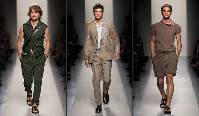 <strong>Bottega Veneta｜ボッテガ ベネタ</strong>左よりレザーとナイロンの異素材使い、同じ生地のパターン違い、リラックスしたショーツのルック。