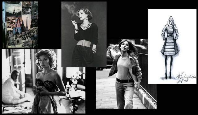 <strong>CATHERINE MALANDRINO｜キャサリン・マランドリーノのNEW YORK通信 vol.02</strong>　2011年秋冬コレクションのテーマは“パリの左岸（リヴ・ゴーシュ）”。往年のフランス女優やモデルたちのレトロでクラシックな美しさにインスピレーションを得た。いちばん右はキャサリンの描いたデザイン画。