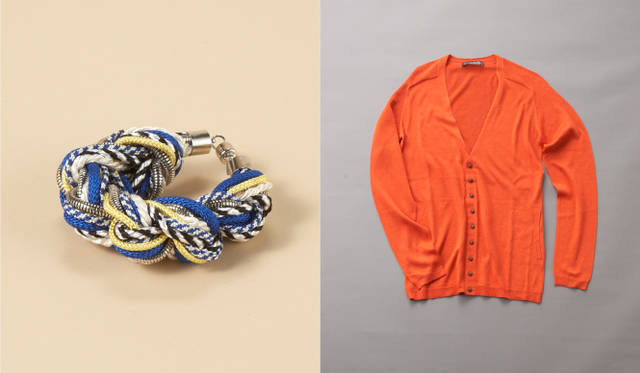 <strong>SUPER A MARKET｜スーパー エー マーケット</strong> 左／ブレスレット（ORLY GENGER BY JACLYN MAYER）、右／ニットカーディガン（BALENCIAGA）