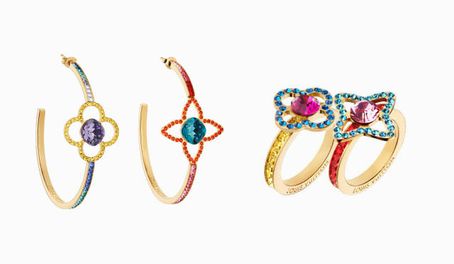 <strong>LOUIS VUITTON｜ルイ・ヴィトン</strong> 左／「クレオール・アイ キャンディ」フープピアス 7万6650円、右／「バーグ・アイ キャンディ」リング 5万5650円（すべてルイ・ヴィトン） ※4月発売予定