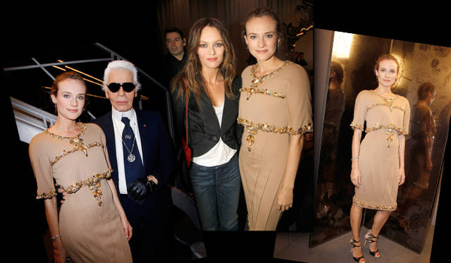 <strong>CHANEL｜シャネル</strong> ダイアン・クルーガーはビジューがほどこされたヌードカラーのドレスをセレクト。カール・ラガーフェルドとともに。©CHANEL