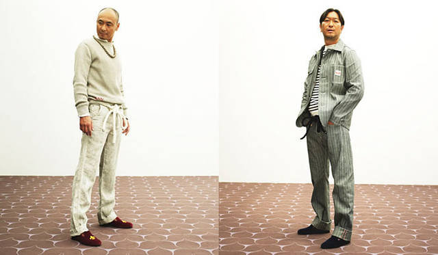 <strong>to ku ri｜トクリ</strong>　左／リネンニット「MERRY ART UNION」、リネンシャツ、リネントラウザーズ「ONES STROKE」、右／ヘリンボーンジャケット、トラウザーズ、ニット「MERRY ART UNION」