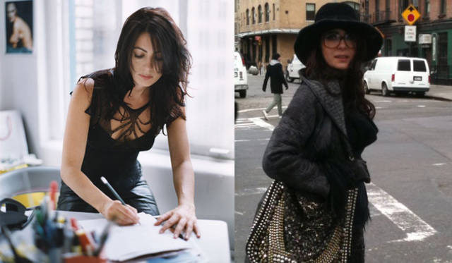 <strong>CATHERINE MALANDRINO｜キャサリン・マランドリーノのNEW YORK通信 vol.03</strong> 左／アトリエにて、デザイン画を描くようす。仕事中もエレガントに。 右／ここ最近でいちばんお気に入りのコーディネイト。マランドリーノのグレーのコートに大きな帽子とメガネで個性をくわえて。そしてプレスリーバッグを持って完成。