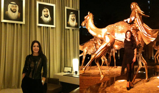 <strong>CATHERINE MALANDRINO｜キャサリン・マランドリーノのNEW YORK通信 vol.03</strong> 左／ドバイに旅したときの写真。カットワークレザーのブルゾンを着て、シックに。このブルゾンもマドンナが着用。右／夜はシックな黒のミニドレスで。