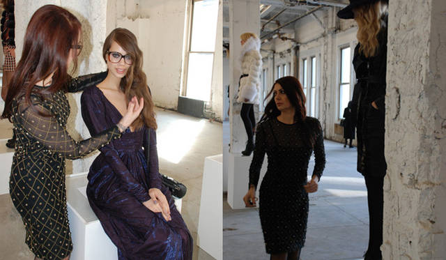 <strong>Catherine Malandrino｜キャサリン・マランドリーノのNEW YORK通信 vol.04</strong> 左／「これはインテロルック」（キャサリン）。インテリジェンスのことを、いつもフランス語で“インテロ”というキャサリン。モデルはスミレ色のジャージードレスを、スクエアアイウェアとコーディネイトしてインテリふうに。右／ショーの5分前！ 最後まで会場を見てまわるキャサリン。
