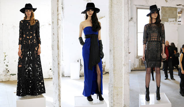 <strong>Catherine Malandrino｜キャサリン・マランドリーノのNEW YORK通信 vol.04</strong> 左／レザーレースのイヴニングドレス。 中／ウルトラフェミニンなビスチェドレスにメンズライクなベルトを合わせて。 右／ポルカドットのエンブロイダリーフィッシュネスドレスに、メンズライクな帽子を合わせて。自信を感じさせるスタイリング。