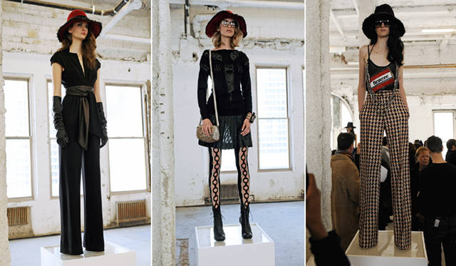 <strong>Catherine Malandrino｜キャサリン・マランドリーノのNEW YORK通信 vol.04</strong> 左／ジャンプスーツにレザーのサッシュベルトをコーディネイト。「昼も夜もジャンプスーツ!!」（キャサリン）　中／「自由な精神を表現」（キャサリン）。カシミヤとレザーのコンビネーションニットに、プリーツスカートをコーディネイト。ビジューをあしらったポシェットがとてもキュート。　右／今回のコレクションテーマであるパリジャンを代表するようなルックス。“パリジャン”と描かれたタンクトップに、ハイウエストのツイードパンツをコーディネイト。クラシカルかつフレンチシック！