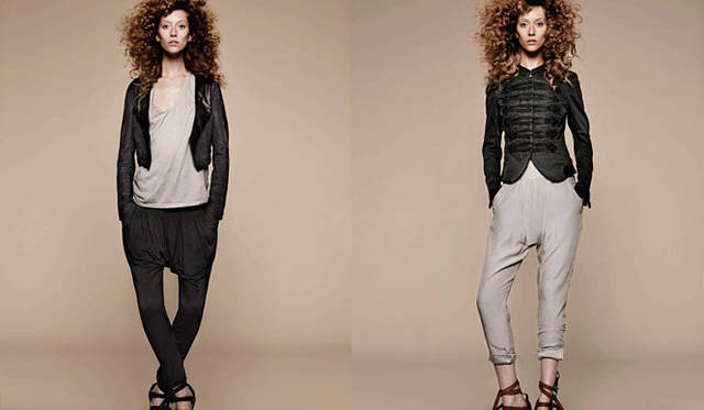 <strong>superfine｜スーパーファイン</strong>　2011春夏コレクション　左／“Lyric” jacket in “blackboard”、Oversized tee in “champagne”、“Spin” pleated trousers in “forest”　右／“Jimi” jacket in “moss”、“Chase” trouser in “champagne”