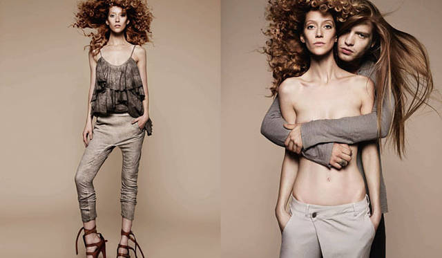 <strong>superfine｜スーパーファイン</strong>　2011春夏コレクション　左／“Gypsy” top in “mud”、“Hip” jean in “warm sand”　右／“Wrap” jean in “silver grey”、Superfine guy – “Grip” shirt in “light grey”、“Levon” jean in “black”