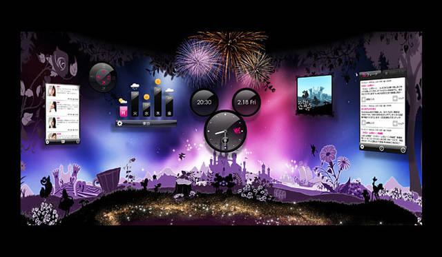 <strong>Disney Mobile｜ディズニー・モバイル</strong>　スマートフォン「DM009SH」　デザインや動きなど、細部までこだわってつくられた6種類（時計、天気、SNS＜MixiやTwitterなどに対応＞、フォトフレーム、ニュース、設定）の便利なウィジェット。© Disney