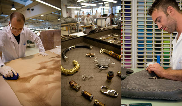 <strong>GUCCI｜グッチ</strong> ハンドバッグのハンドル部分にほどこすハンドステッチ、バンブーハンドルのセッティング、編み込みしたレザーストラップのステッチ加工テクニックなどが披露される。