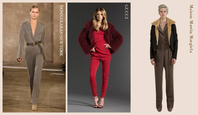 <strong>2011年秋冬プレコレクション Chapter.01｜ボリュームバランスでみせるニューリラックススタイル</strong><br />ドレスライクなものからカジュアルなものまで、オールインワンは今季のマストハブアイテムとなりそう。シックに着こなしたいミニマルなデザインも新鮮だ。　左から DONNA KARAN NEW YORK（ダナ キャラン ニューヨーク）、Gucci（グッチ）、Maison Martin Margiela（メゾン マルタン マルジェラ）