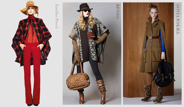 <strong>2011年秋冬プレコレクション Chapter.02｜キーアイテム“アウター”トレンドをチェック</strong><br />秋冬シーズンのスタイリングの要を担うのがアウターの存在。来季はビックシルエットのコートやジャケット、メンズライクなデザインに注目したい。　左からEMILIO PUCCI（エミリオ・プッチ）、KENZO（ケンゾー）、SONIA RYKIEL（ソニア・リキエル）