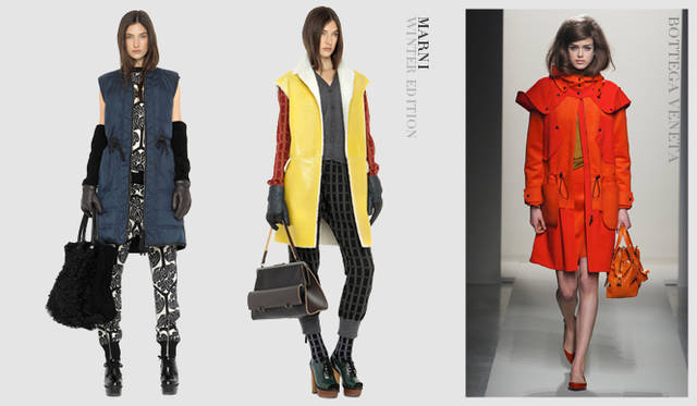 <strong>2011年秋冬プレコレクション Chapter.02｜キーアイテム“アウター”トレンドをチェック</strong><br />秋冬シーズンのスタイリングの要を担うのがアウターの存在。来季はビックシルエットのコートやジャケット、メンズライクなデザインに注目したい。　左からMARNI WINTER EDITION（マルニ ウィンターエディション）、BOTTEGA VENETA（ボッテガ・ヴェネタ）
