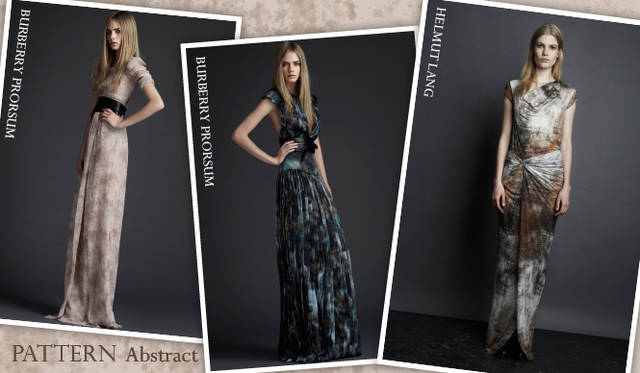 <strong>Chapter.03｜1点投入でシーズン感を演出！　トレンドカラー＆パターン</strong><br />印象画のような繊細な染色、華やかなフラワーモチーフ、エッジィなジオメトリックなど、印象的なパターンをもちいたアイテムが目立った。手軽にトレンド感を演出してくれるトレンドパターンを上手に取り入れ、今年らしいスタイルをまといたい。<br />左からBURBERRY PRORSUM（バーバリー プローサム）(c)BURBERRY、HELMUT LANG（ヘルムート・ラング）