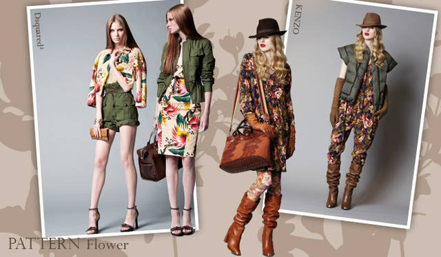 <strong>Chapter.03｜1点投入でシーズン感を演出！　トレンドカラー＆パターン</strong><br />印象画のような繊細な染色、華やかなフラワーモチーフ、エッジィなジオメトリックなど、印象的なパターンをもちいたアイテムが目立った。手軽にトレンド感を演出してくれるトレンドパターンを上手に取り入れ、今年らしいスタイルをまといたい。<br />左からDsquared²（ディースクエアード）、KENZO（ケンゾー）