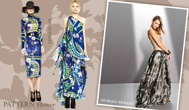 <strong>Chapter.03｜1点投入でシーズン感を演出！　トレンドカラー＆パターン</strong><br />印象画のような繊細な染色、華やかなフラワーモチーフ、エッジィなジオメトリックなど、印象的なパターンをもちいたアイテムが目立った。手軽にトレンド感を演出してくれるトレンドパターンを上手に取り入れ、今年らしいスタイルをまといたい。<br />左からEMILIO PUCCI（エミリオ・プッチ）、GIORGIO ARMANI（ジョルジオ アルマーニ）