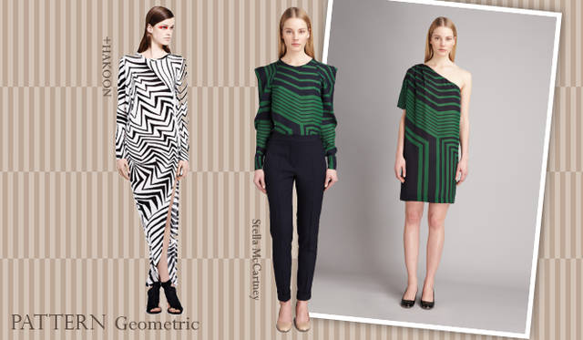 <strong>Chapter.03｜1点投入でシーズン感を演出！　トレンドカラー＆パターン</strong><br />印象画のような繊細な染色、華やかなフラワーモチーフ、エッジィなジオメトリックなど、印象的なパターンをもちいたアイテムが目立った。手軽にトレンド感を演出してくれるトレンドパターンを上手に取り入れ、今年らしいスタイルをまといたい。<br />左から+HAKOON（タクーン アディション）、Stella McCartney（ステラマッカートニー）