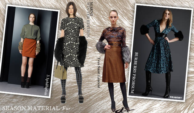 <strong>Chapter.04｜シーズン感を演出するマテリアルにフォーカス！</strong><br />秋冬シーズン、欠かせないのがファーアイテム。アウターで取り入れるのはもちろん、トップスやボトムス、またディテールと、コーディネイトにさりげなく取り入れるのがポイントだ。　左から 3.1 Phillip Lim（3.1 フィリップ リム）、MARNI WINTER EDITION（マルニ ウィンターエディション）、Yves Saint Laurent（イヴ・サンローラン）、BURBERRY PRORSUM（バーバリー プローサム）