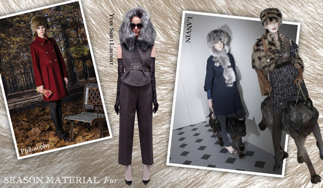 <strong>Chapter.04｜シーズン感を演出するマテリアルにフォーカス！</strong><br />秋冬シーズン、欠かせないのがファーアイテム。アウターで取り入れるのはもちろん、トップスやボトムス、またディテールと、コーディネイトにさりげなく取り入れるのがポイントだ。　左から Philosophy、Yves Saint Laurent（イヴ・サンローラン）、LANVIN（ランバン）