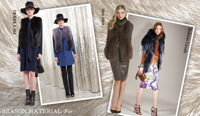 <strong>Chapter.04｜シーズン感を演出するマテリアルにフォーカス！</strong><br />秋冬シーズン、欠かせないのがファーアイテム。アウターで取り入れるのはもちろん、トップスやボトムス、またディテールと、コーディネイトにさりげなく取り入れるのがポイントだ。　左から DEREK LAM（デレク ラム）、MaxMara（マックスマーラ）、Roberto Cavalli（ロベルト カヴァリ）