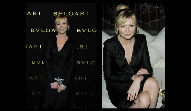 <strong>BVLGARI│ブルガリ</strong> ホワイトゴールドとダイヤモンドの「セルペンティ」2連リング、同素材のイヤリング、新作のイブニングバッグを持つキルスティン・ダンスト。©Getty Images