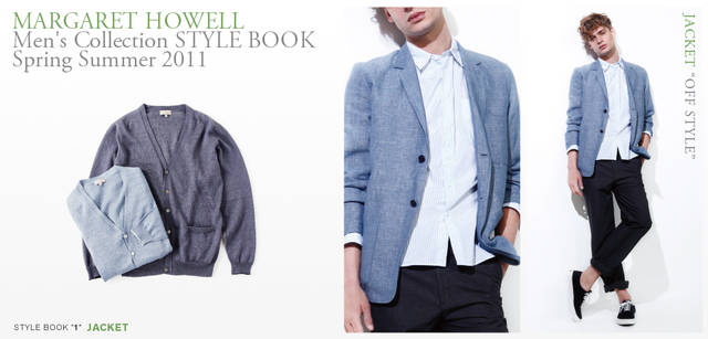 <strong> MARGARET HOWELL｜マーガレット・ハウエル</strong>　2011春夏メンズコレクション<br>カーディガン各2万5200円（マーガレット・ハウエル）、モデル／ジャケット6万900円、シャツ2万7300円、トラウザーズ3万4650円（すべてマーガレット・ハウエル）、スニーカー1万3650円（MHL.）